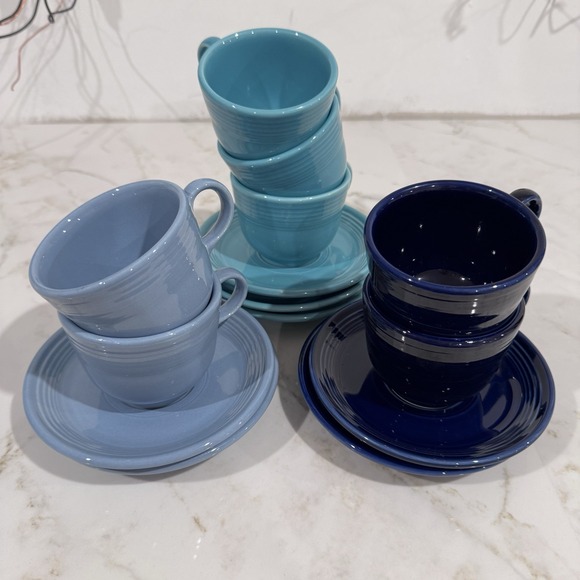 Fiesta Fiestaware 14 pieces (7 sets) Footed Cups Saucers Blue Turquoise Cobalt - Picture 14 of 16